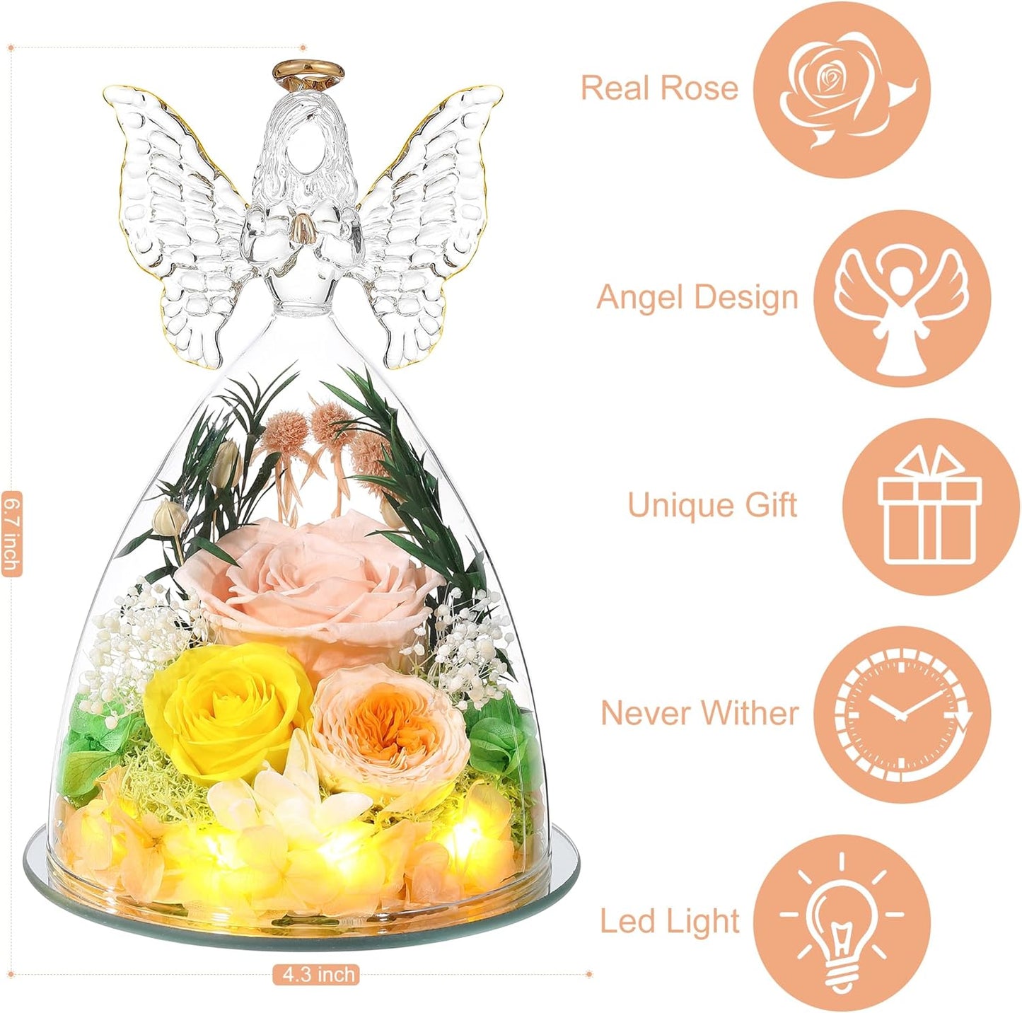 Christmas Rose Gifts for Women Preserved Real Flower in Glass Angel Figurines Roses for Delivery Prime Birthday Gifts for Mom Grandma Girlfriend Wife Her, Champagne Austin Roses