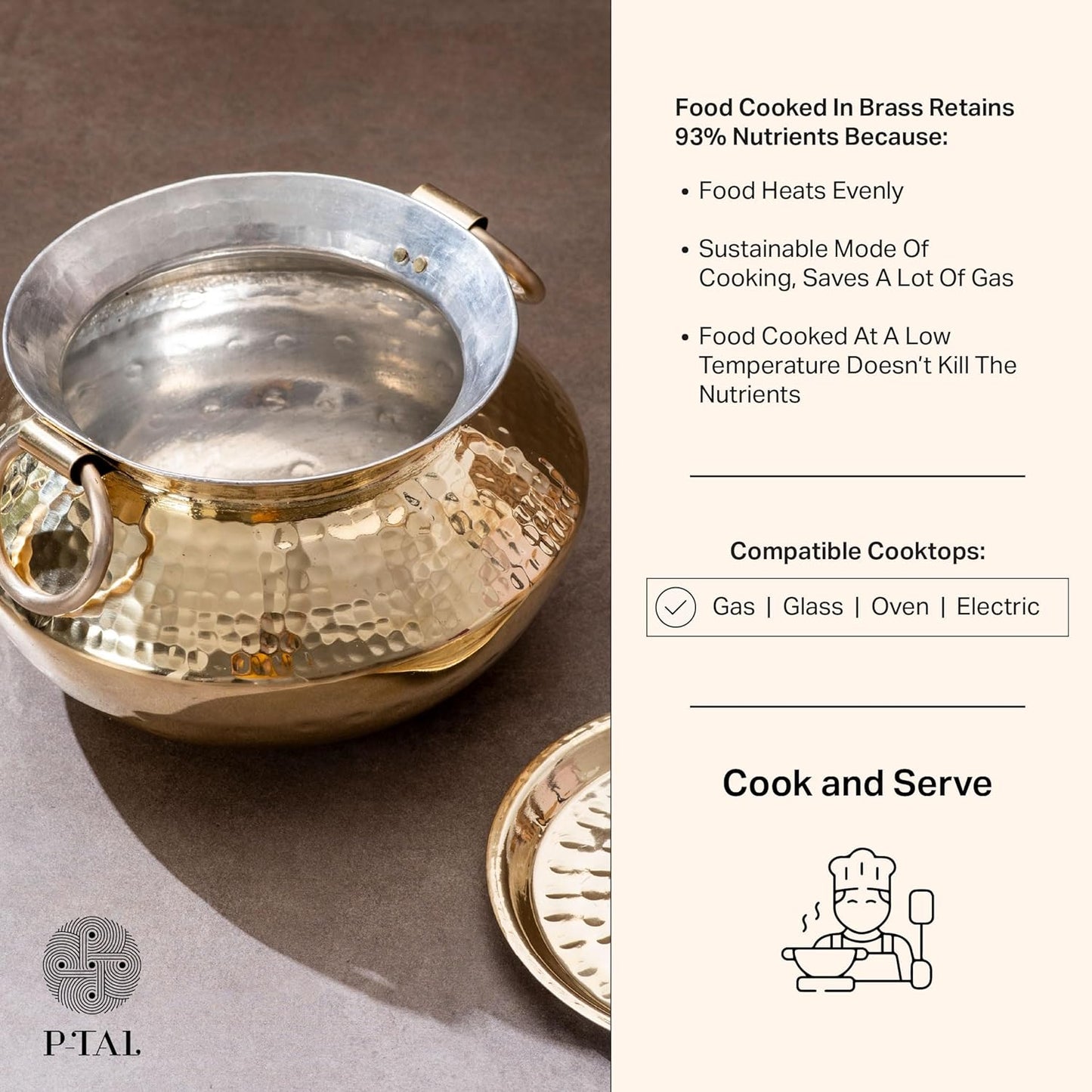 P-TAL Brass Patili with Lid and Handles for Cooking Teflon Free Degchi 3L Brass Handi for Cooking