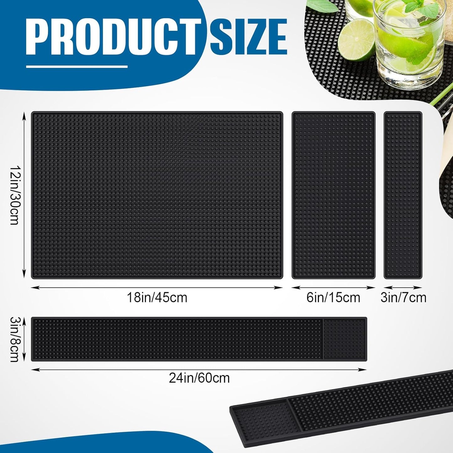 4 Pcs Thick Rubber Bar Mats for Bartending, Durable Non-slip Spill Mat for Countertop, Home Kitchen, Coffee Bars, and Restaurants Accessories, Black(12" X 3"+12" X 6"+18" X 12"+24" X 3")