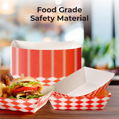 Fit Meal Prep [250 Pack 5 lb Paper Food Trays Heavy Duty Food Paperboard Boat Disposable Red Check Grease Resistant Fast for Parties Fairs Picnics Carnivals, Holds Tacos Nachos Fries