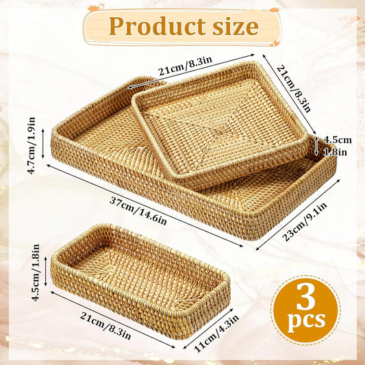 3 Pack Rattan Serving Tray, Woven Rectangular Storage Baskets, Natural Wicker Decorative Serving Baskets, Natural Woven Tray for Home Decor, Bathroom, Kitchen Counter