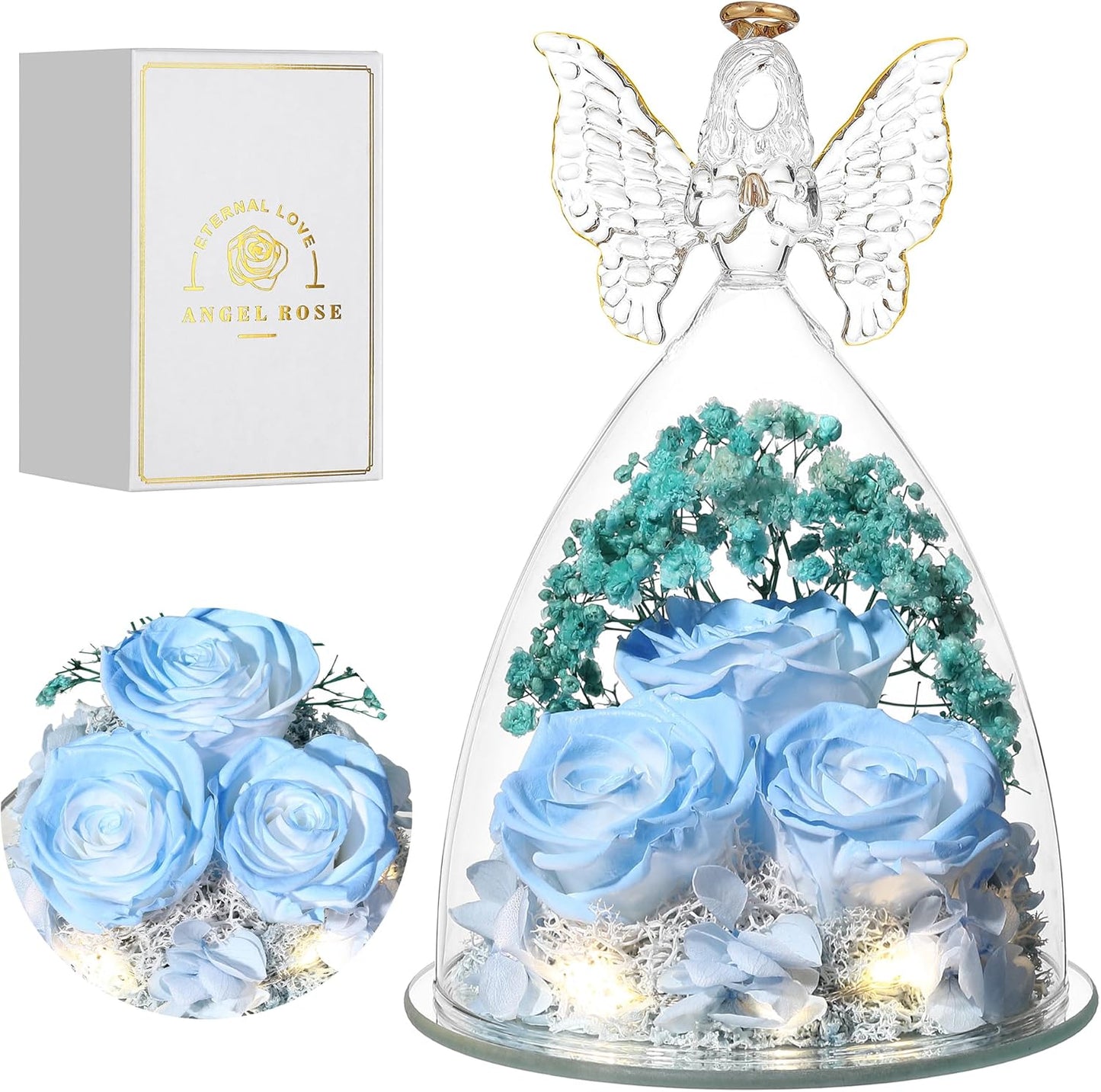 Christmas Rose Gifts for Women Preserved Real Flower in Glass Angel Figurines Roses for Delivery Prime Birthday Gifts for Mom Grandma Girlfriend Wife Her, Sky Blue White