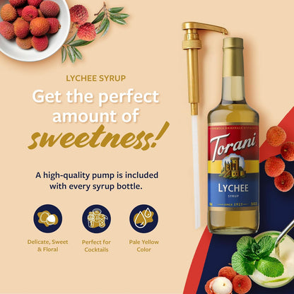 Torani Lychee Syrup for Drinks, Flavoring for Iced Tea, Sodas, and Cocktails, Glass Bottle with Pump Included, 25.4 Fl Oz