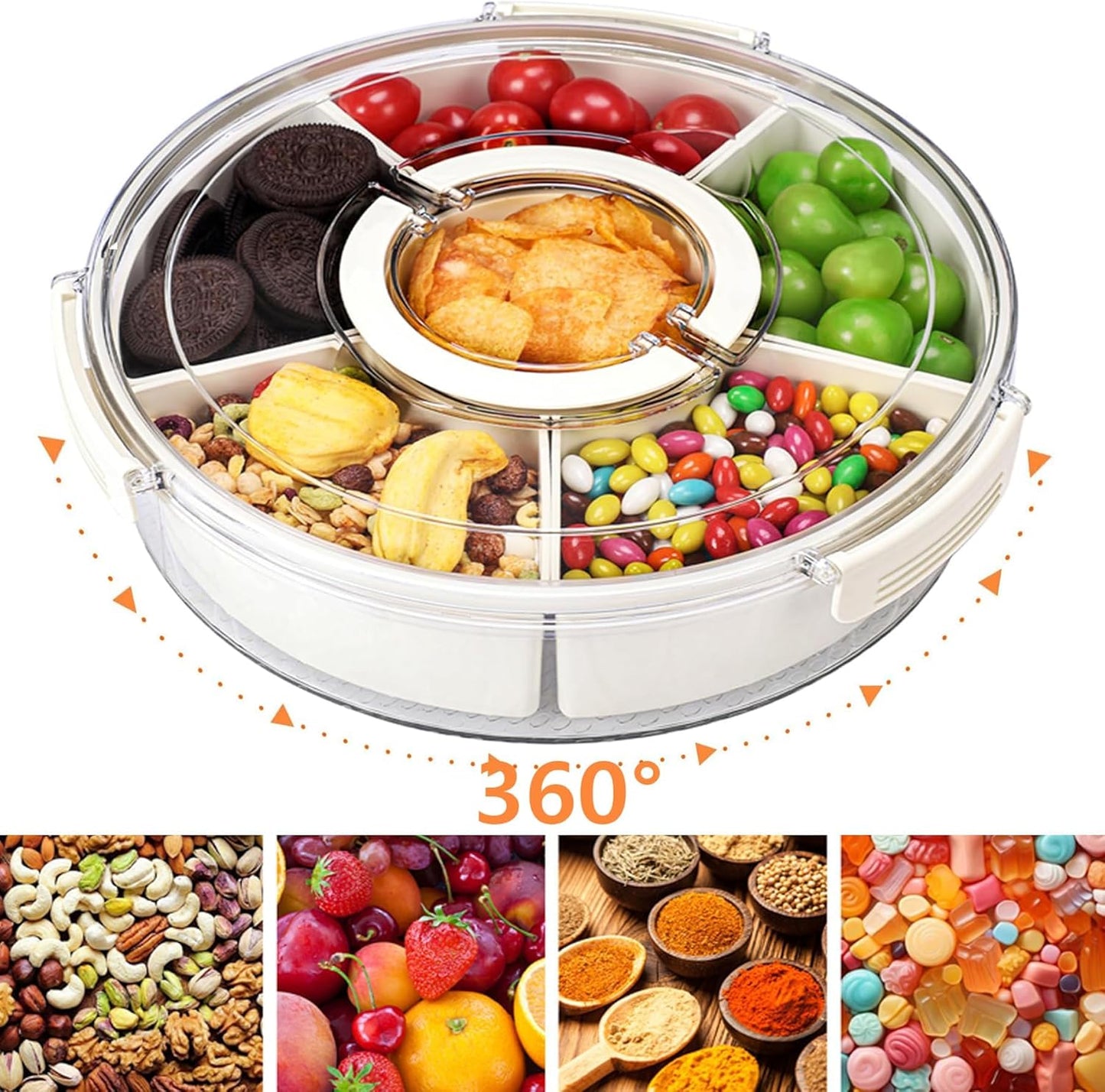 Snackle Box Container Divided Serving Tray with Lid, 6-Compartment Portable Spinning Round Stackable Container, Handle for Organize Veggies, Fruit, Candy, Party Snacks, Nuts, Kitchen Party Essentials