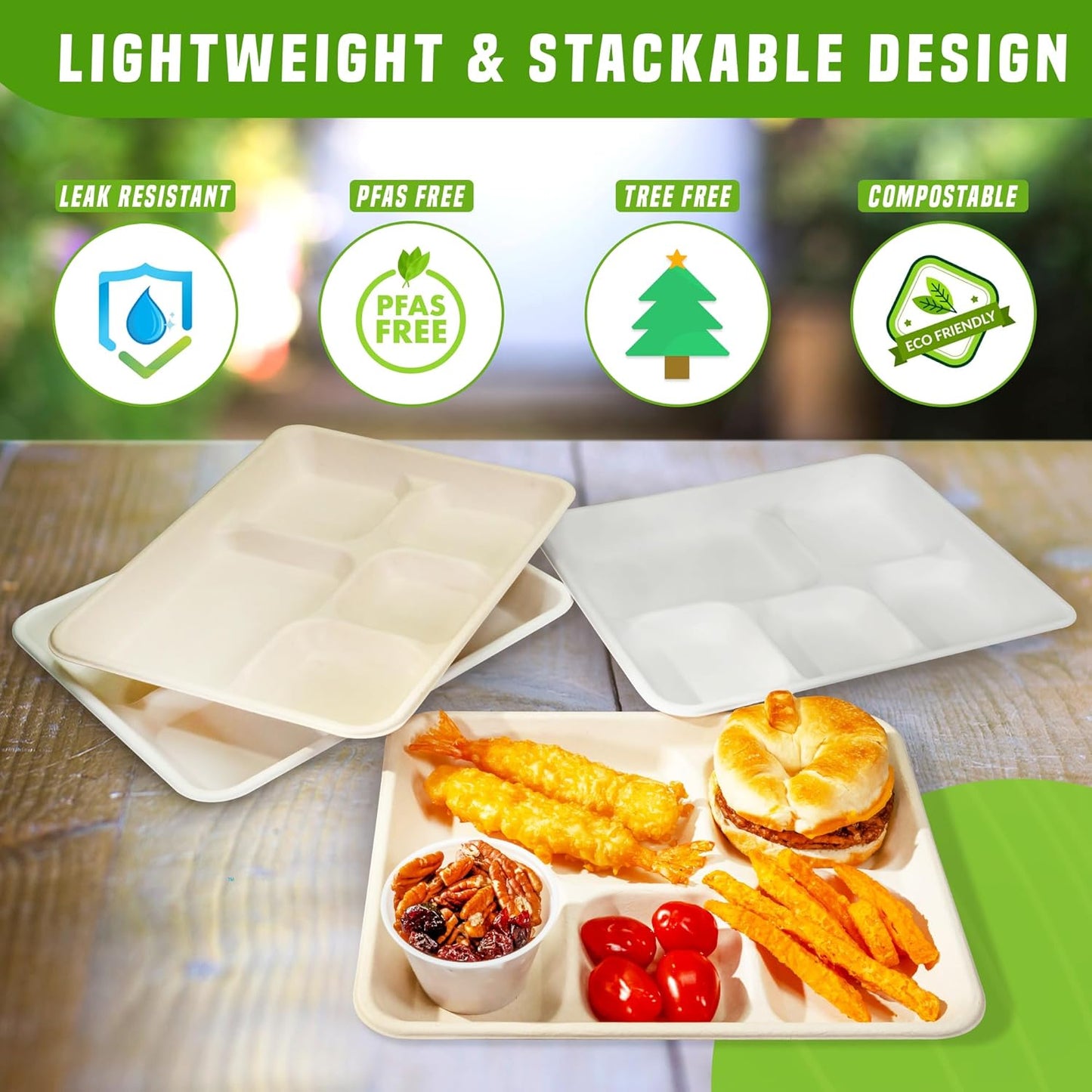 Eland Compostable Plates with Compartments, 5 Compartment Plates Disposable Heavy duty, Food trays disposable. School Lunch Tray, Plate Dividers, No PFAS, White Color- 10"x8" [400-pack]