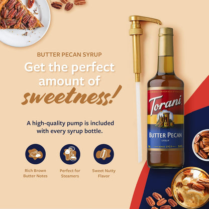 Torani Coffee Syrup, Butter Pecan Flavoring for Drinks, Glass Bottle with Pump Included, 25.4 Fl Oz
