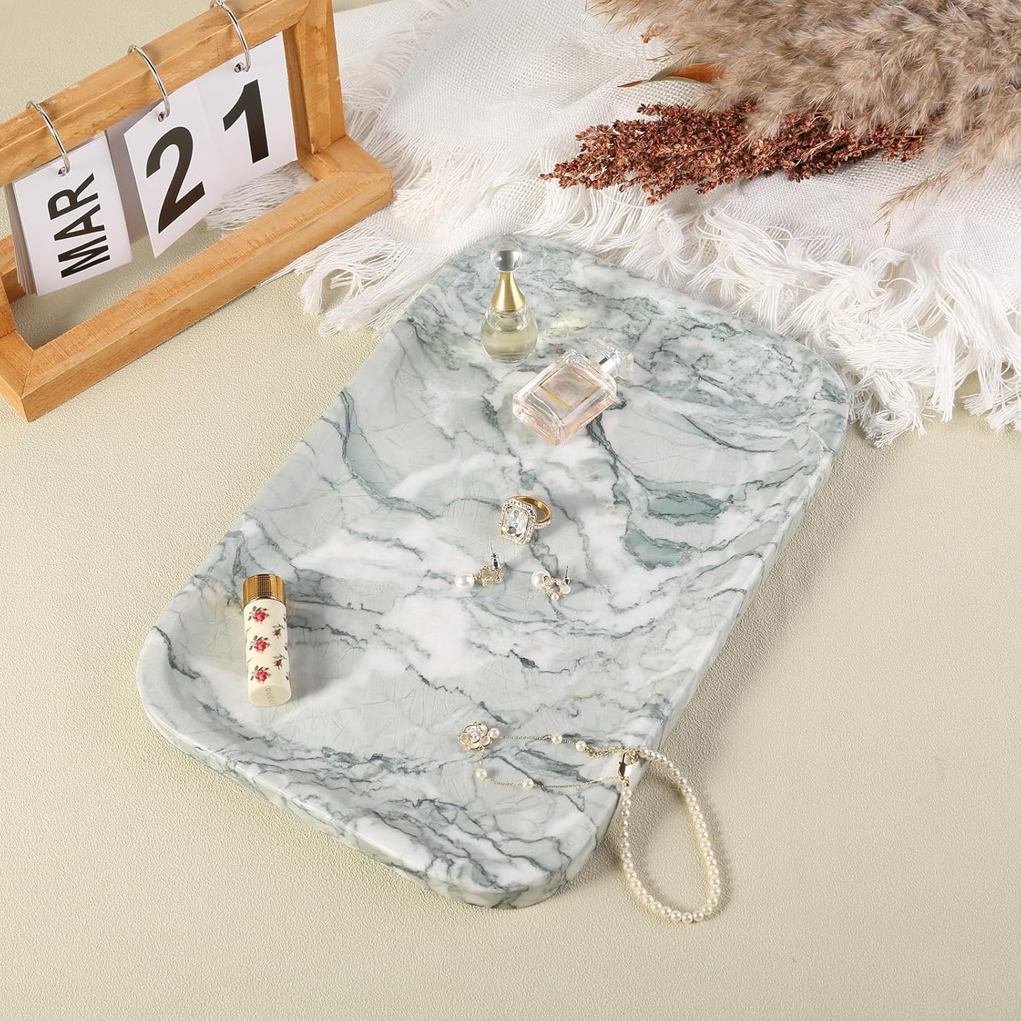 Vanity Tray, Marble Bathroom Tray Countertop, Decorative Dresser Organizer, Green Stone for Perfume Jewelry Holder Storage for Kitchen Sink(Light Green)