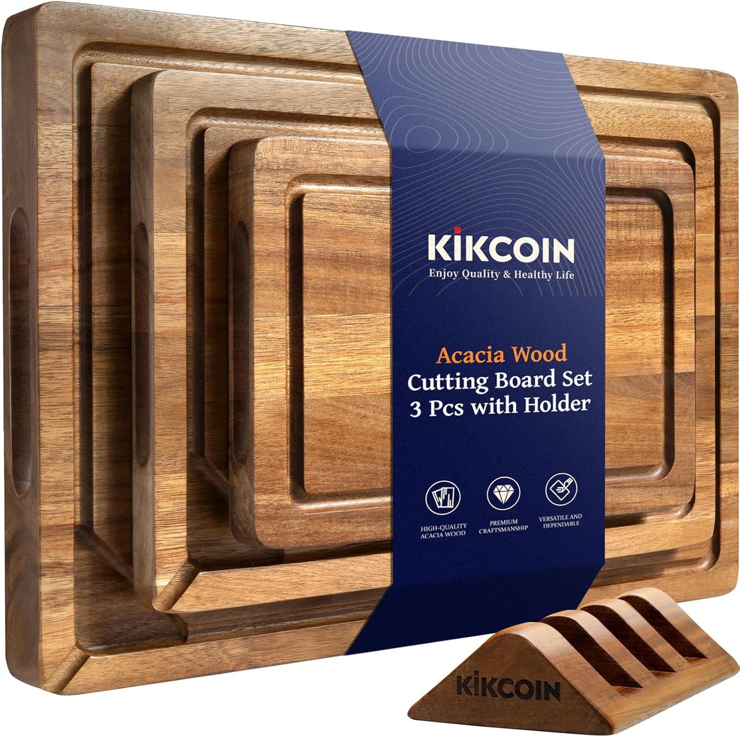 Kikcoin Wood Cutting Boards for Kitchen, 3 PCS Wooden Cutting Board Set with Holder, Chopping Board with Built-In Compartments and Juice Groove, Solid Charcuterie Board Serving Tray Wood Butcher Block