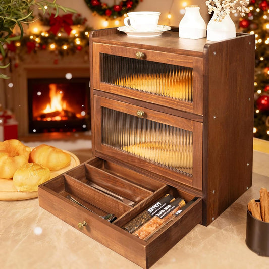 Solid Wood Bread Box for Kitchen Countertop with Drawer and 50 Count Deli Paper, 2 Layer Large Capacity Wooden Breadbox, Vintage Food Storage Container for Kitchen Counter Corner, Brown