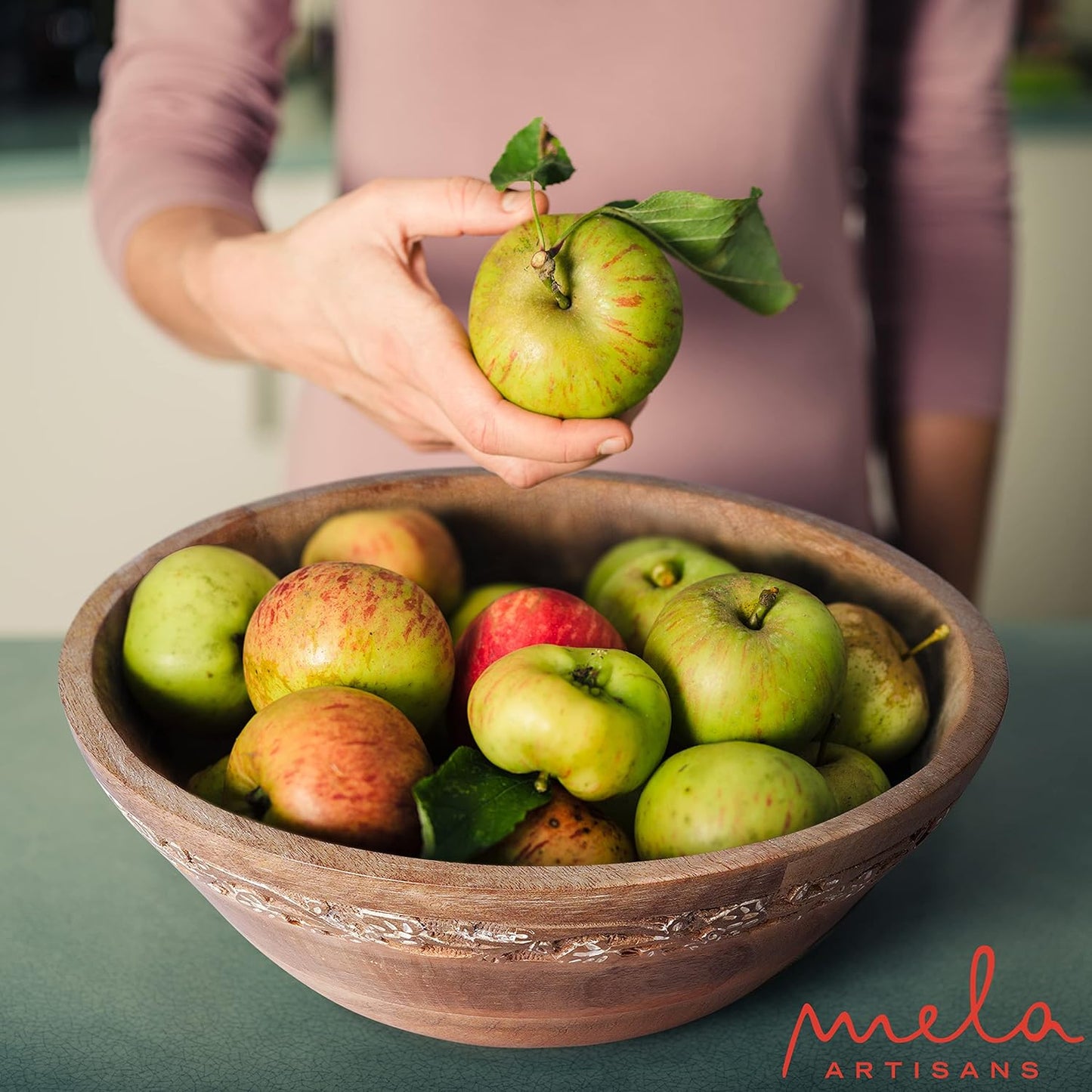 Mela Artisans Wooden Fruit Bowl – Whitewash Finish | Large 12” Mango Wood Serving Bowl with Felt Pads | Decorative bowl | Multipurpose Countertop Bowl for Breads | Salad | Fruit & More