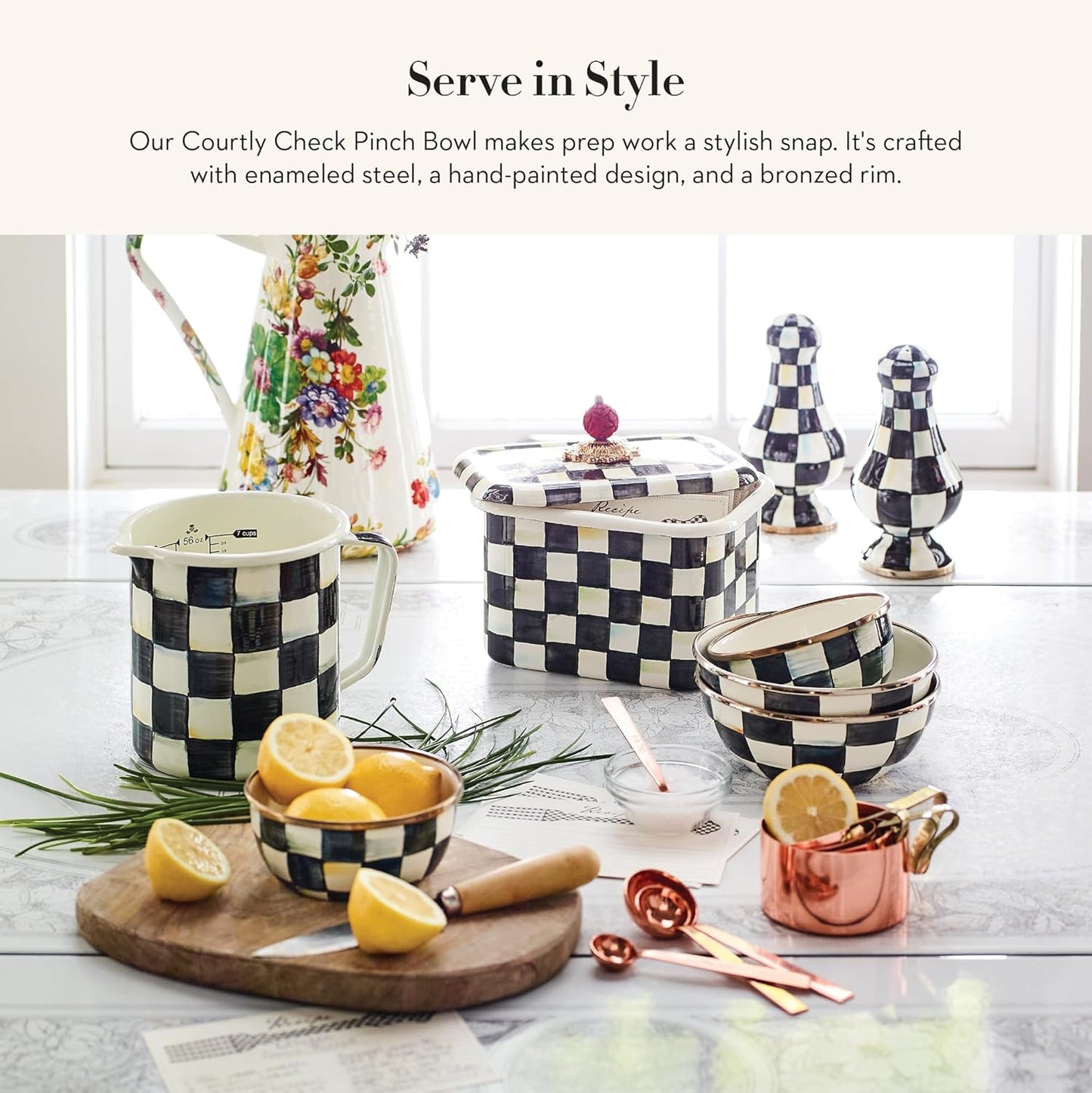 MACKENZIE-CHILDS Enamel Pinch Bowl, Small Bowl for Kitchen Ingredients, 1.5-Cup Capacity, Black-and-White Courtly Check