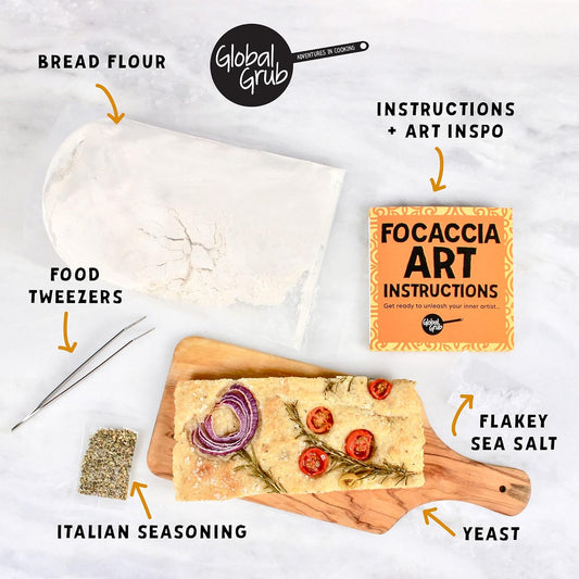 Global Grub Focaccia Bread Art Kit for Kids, Teens, Adults - Fun DIY Professional Bread Baking Kit Comes with Bread Flour, Food Tweezers for Decorating, Art Gallery and Step by Step Instructions
