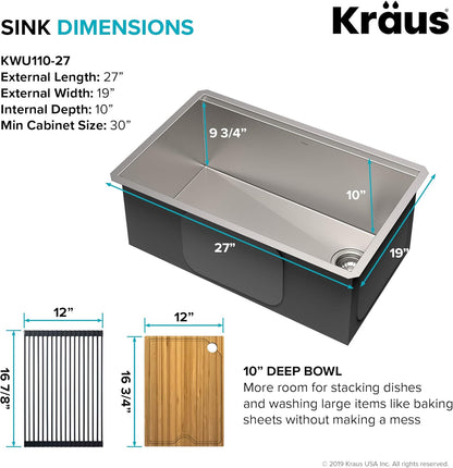 KRAUS Kore Workstation 27-inch Undermount 16 Gauge Stainless Kitchen Sink, Single Bowl Kitchen Sink with 3/4 HP Garbage Disposal, KWU110-27-100-75MB