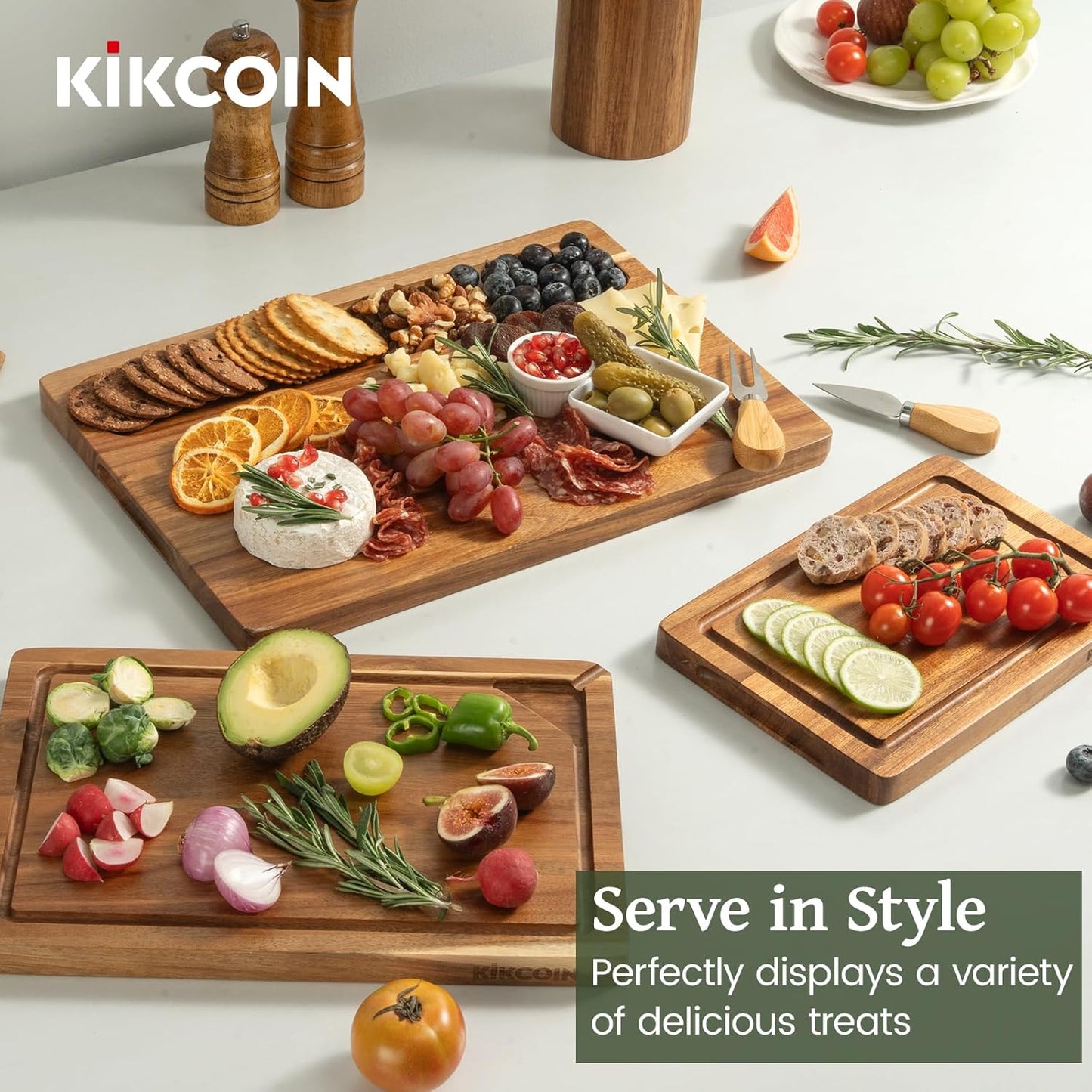 Kikcoin Wood Cutting Boards for Kitchen, 3 PCS Wooden Cutting Board Set with Holder, Chopping Board with Built-In Compartments and Juice Groove, Solid Charcuterie Board Serving Tray Wood Butcher Block