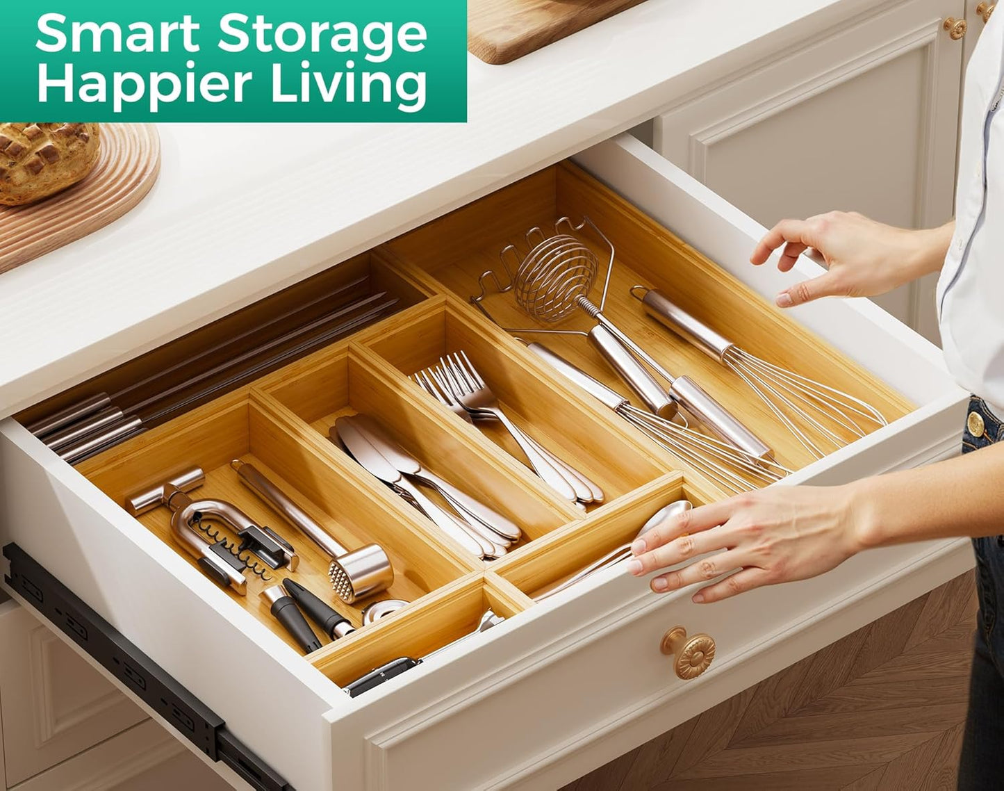 Bamboo Kitchen Drawer Organizer Boxes – Stackable Wood Silverware Utensil Tray for Drawers Bins, Cutlery & Flatware Storage – Wooden Organizers Set of 2, 12" x 6" x 2" for Junk Drawer, Bathroom, RV