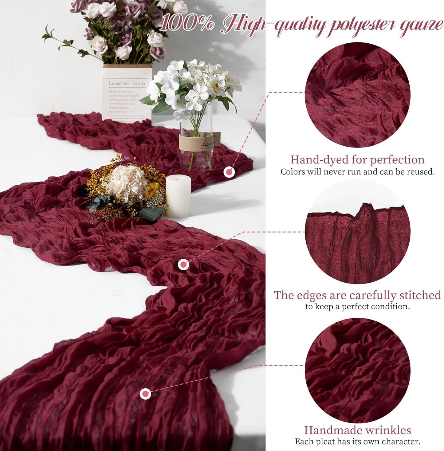 15 Packs Cheesecloth Table Runner Burgundy,10 Ft Wine Red Rustic Gauze Boho Wedding Table Runner Decoration,Wedding Table Decor Table Cloth for Wedding Party Bridal Shower Table,21.5x120in
