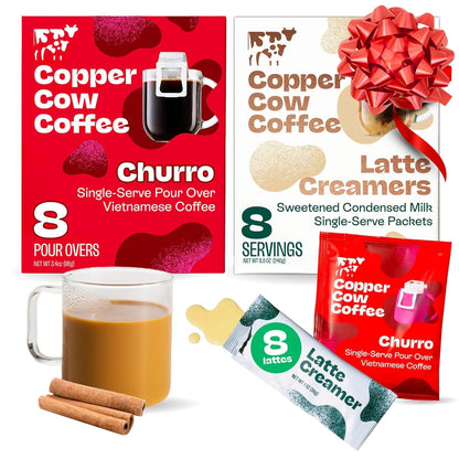 Copper Cow Coffee Pour Over Vietnamese Coffee Pouches + Sweetened Condensed Milk Creamers (8 Coffees & 8 Milk Creamers) | Churro Lattes, No Refrigeration Needed, Travel Friendly Ground Coffee