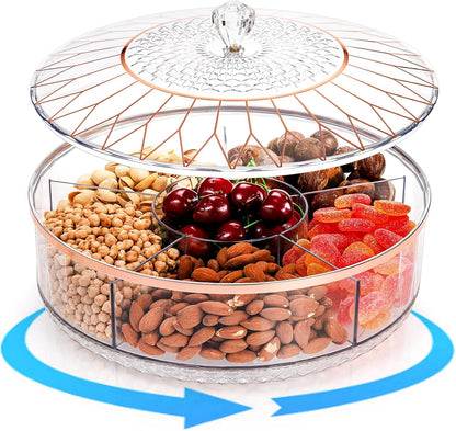 AVLA Rotating Snack Tray with Lid, 11.5" Plastic Divided Serving Dishes, Round Appetizer Platter, 6 Compartments Food Storage Organizer for Dried Fruits, Nuts, Candies, Veggie, Cookies(Clear)