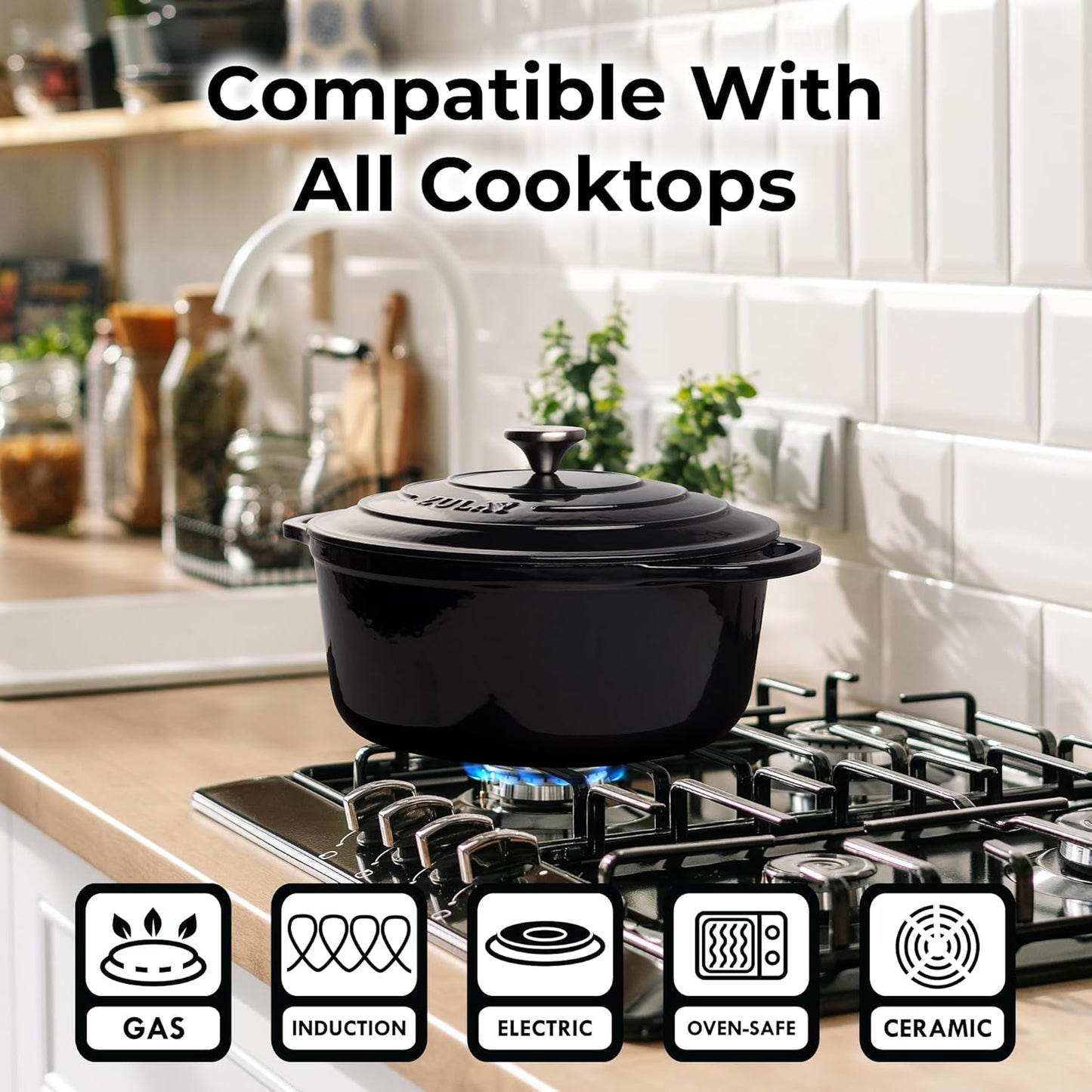 Zulay Kitchen 5 Quart Enameled Cast Iron Dutch Oven Pot with Lid – Premium Durability & Oven Safe up to 500°F – Heavy Duty Cookware Perfect for Bread Baking, Stews, Braising & Roasting – Black