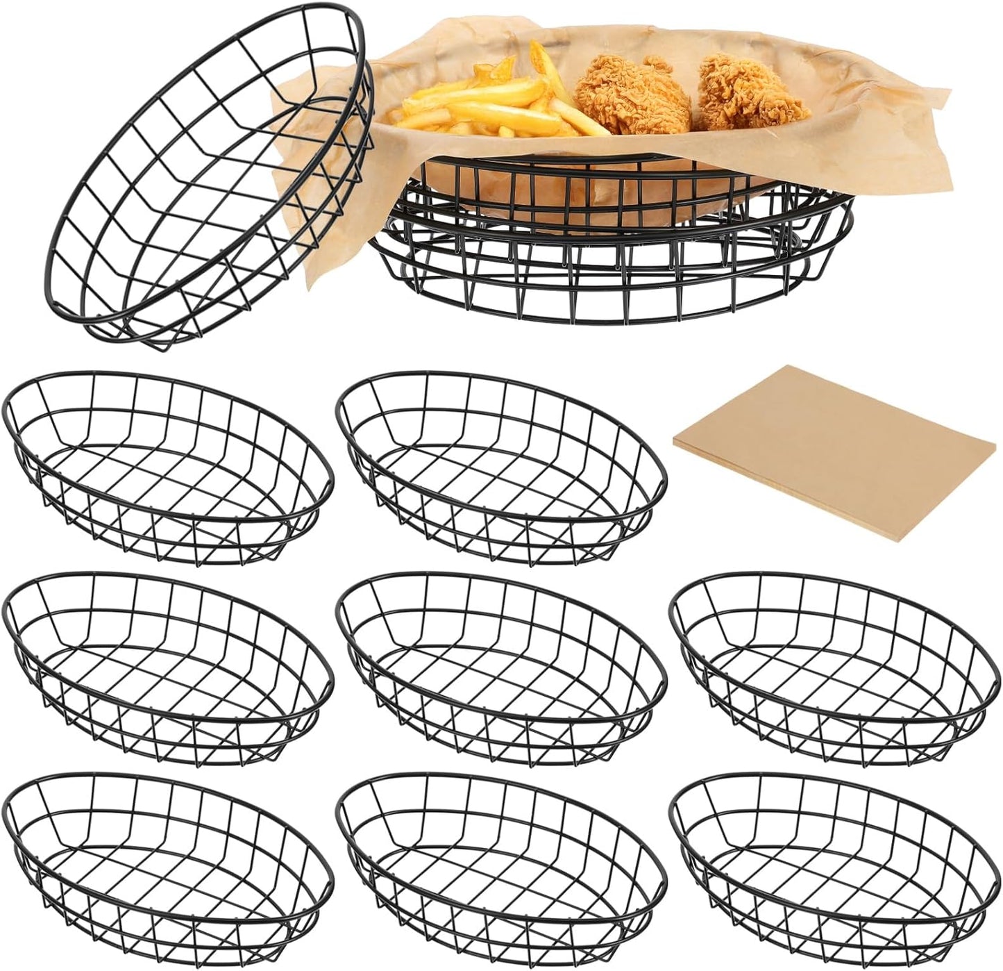 12 Pcs Wire Bread Baskets, 9.4 x 6.3 x 1.9 Inch, Oval Food Baskets for Serving Fruit, Fast Food, and Storage, Includes 50 Sheets Deli Wrappers Paper, Reusable & Rust-Resistant Metal Basket (Black)