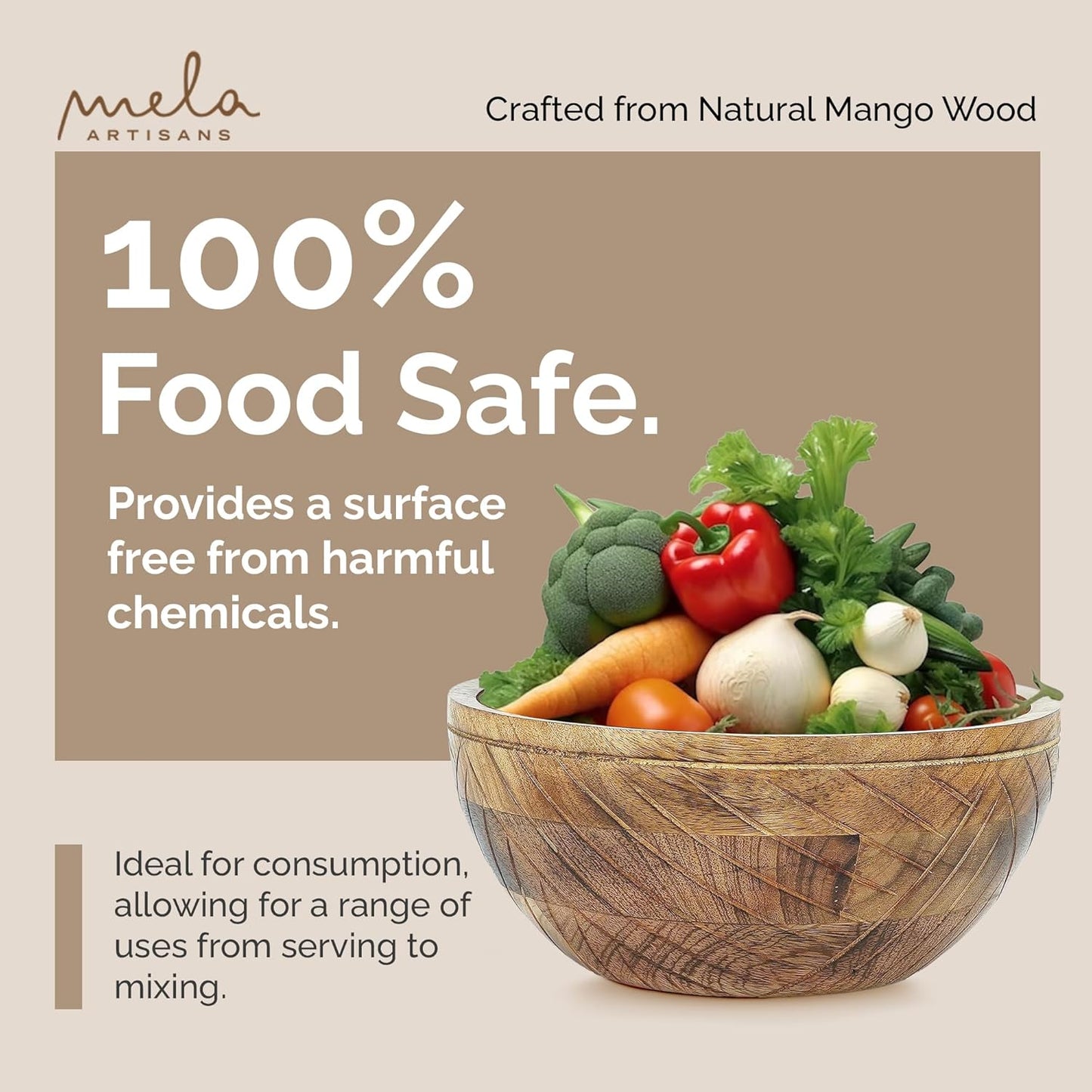 Mela Artisans Wooden Fruit Bowl | Light Burnt Finish | 9” Decorative Mango Wood Serving Bowl | Multipurpose for Kitchen Countertop | Salad | Dessert | Snacks | Breads & More | Natural Grain Pattern