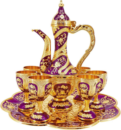 Vintage Turkish Coffee Pot and Cups Set,Tea Service Set Including Teapot,Tea Tray and Metal Cups for Wine Cabinet Decor,Wedding Ornaments (Gold and Purple)