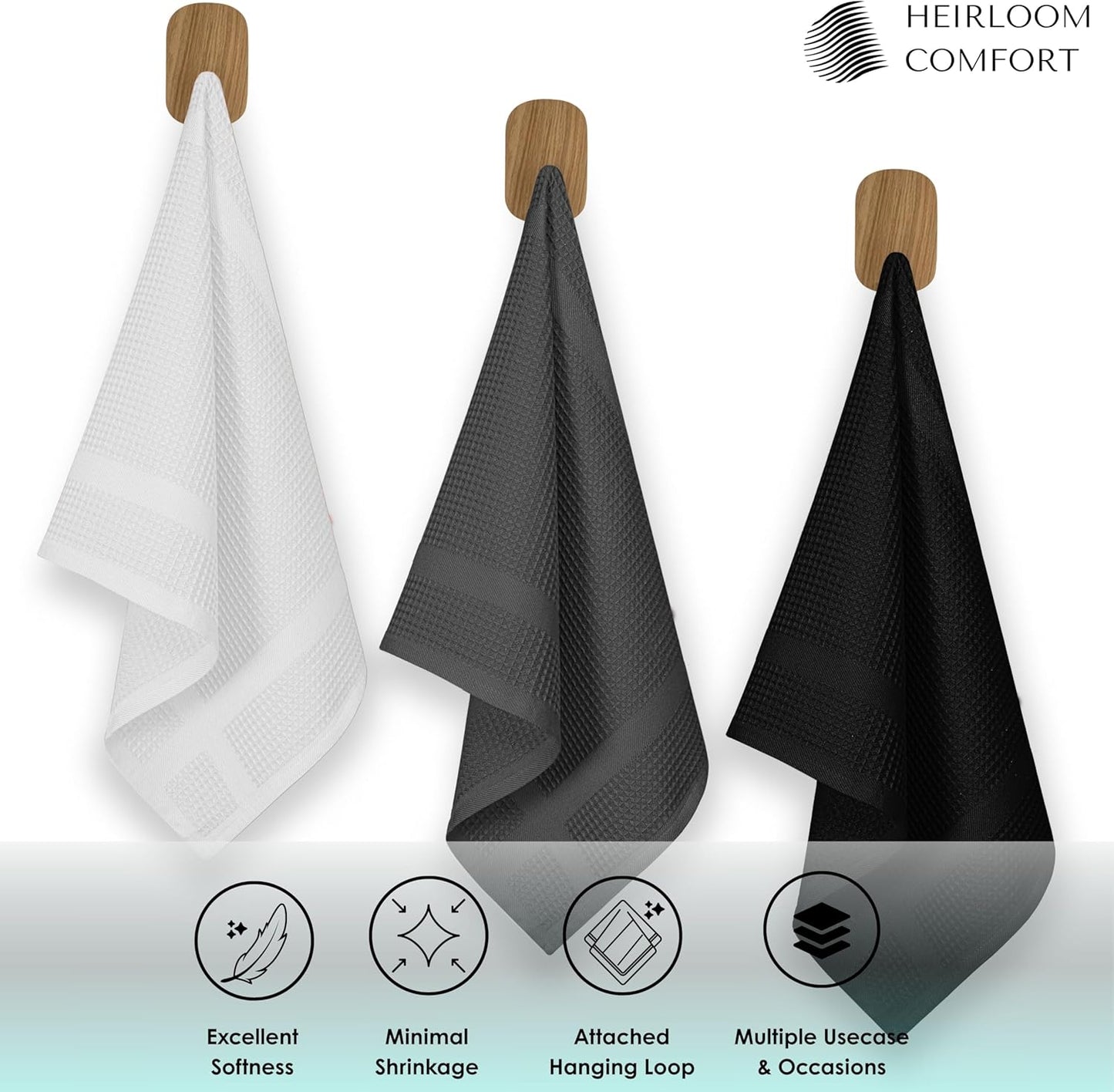 3 Pack Multi Color Waffle Weave Kitchen Towels, 16x26 Inch, 100% Cotton, Super Absorbent, Quick Dry, Hand Towels for Drying Dishes, Cleaning, Durable - White, Grey, Black