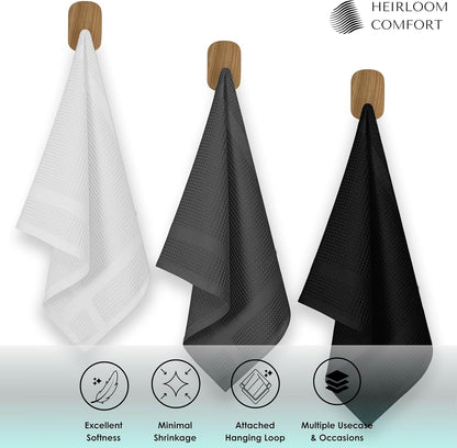 3 Pack Multi Color Waffle Weave Kitchen Towels, 16x26 Inch, 100% Cotton, Super Absorbent, Quick Dry, Hand Towels for Drying Dishes, Cleaning, Durable - White, Grey, Black