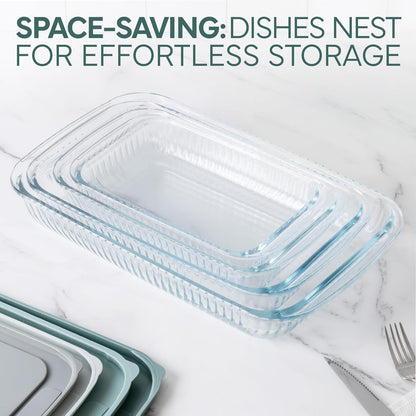 COOK WITH COLOR 8-Piece Deep Glass Baking Dish Set with Plastic Lids – Casserole and Food Storage Containers for Lasagna, Leftovers – Freezer-to-Oven, Microwave & Dishwasher Safe, Fluted Sage