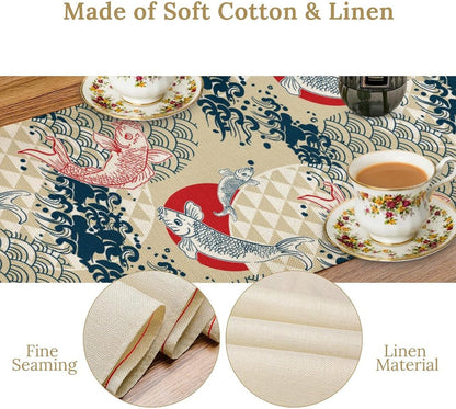 Japanese Kio Fish Table Runner, Line Art Colorful Janan Style Oriental Table Runner for Kitchen Study Living Room Home Bedroom, Gray 13x70 Inch