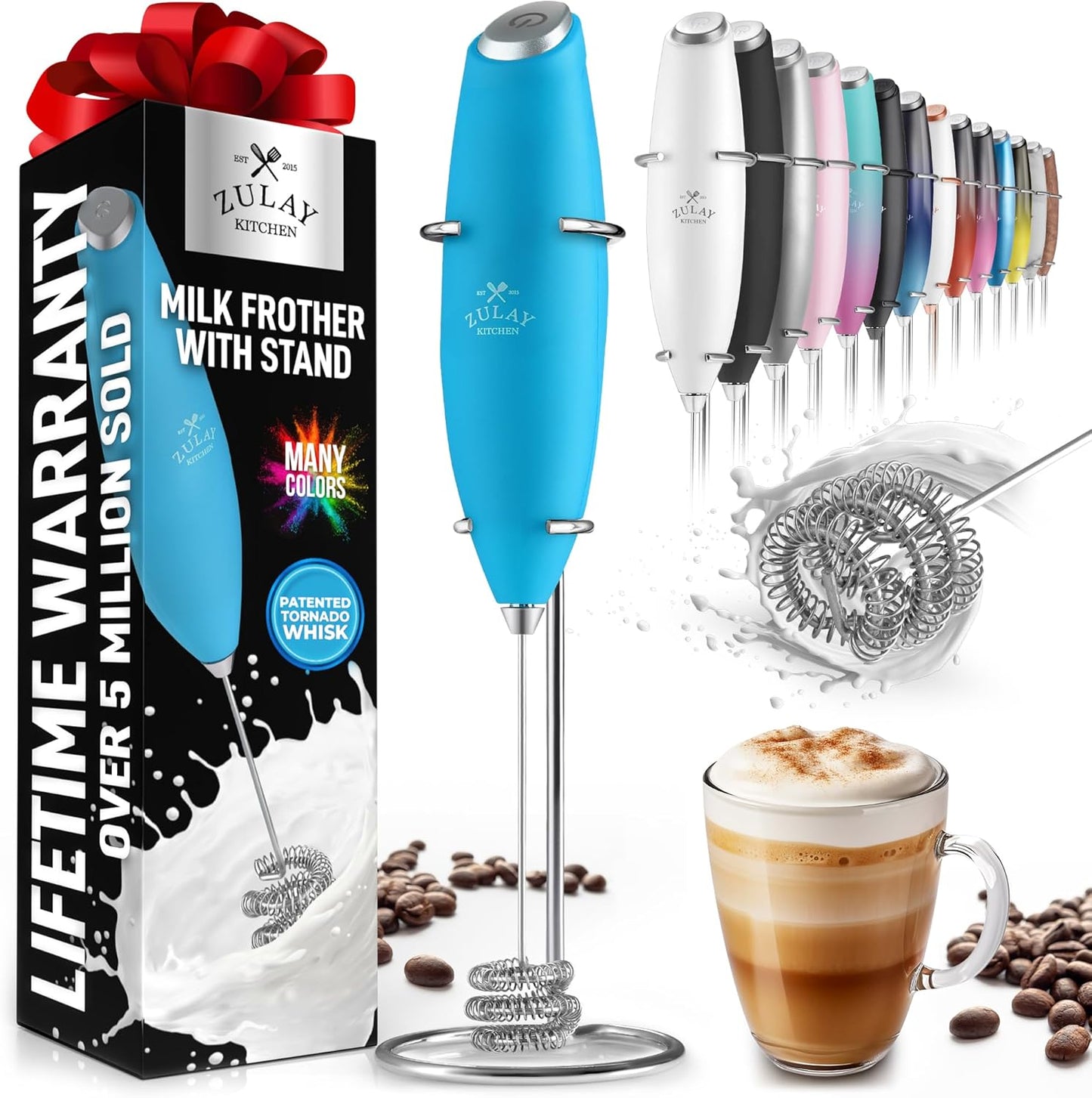 Zulay Kitchen Milk Frother with Patented Tornado Triple Whisk – Handheld Foam Maker for Coffee, Lattes, Matcha & Hot Chocolate – Rich, Creamy Froth in Seconds