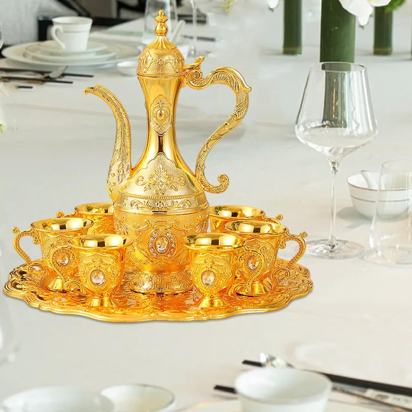 Turkish Tea Set Vintage Exquisite Golden Turkish Coffee Cup Set with Tray and 6 Cups for Home Party Decorations Kitchen Accessories