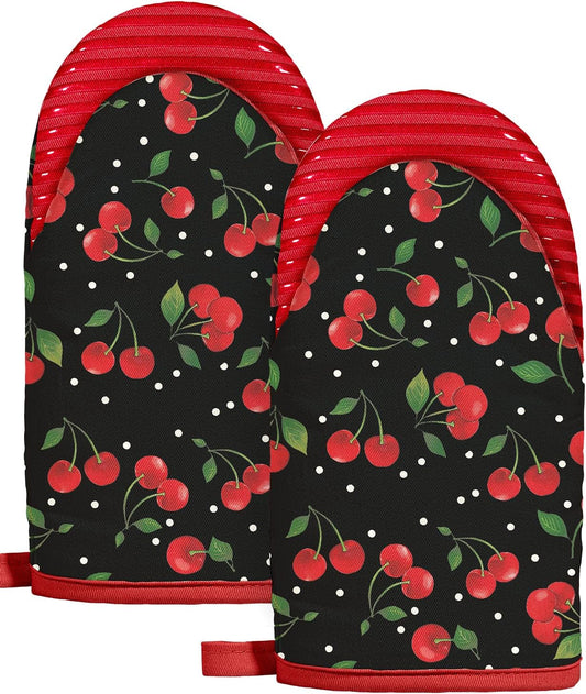 Slohif Cherry Mini Oven Mitts Set – Red Extended Short Heat Resistant Kitchen Gloves for Women, 100% Cotton Oven Mitts with Silicone Grips, Non-Slip and Thick Durable for Cooking & Baking
