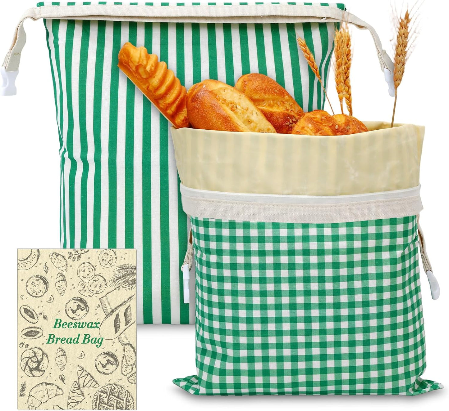 Augshy 2 PCS Beeswax Bread Bags, Beeswax Bag with Zipper Green Plaid Stripes Reusable Cotton Material Large Capacity Food Storage Bags for Sourdough Homemade Bread Boxes