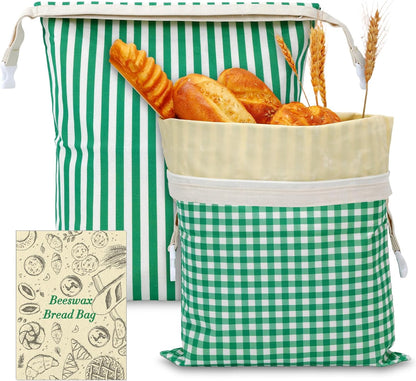 Augshy 2 PCS Beeswax Bread Bags, Beeswax Bag with Zipper Green Plaid Stripes Reusable Cotton Material Large Capacity Food Storage Bags for Sourdough Homemade Bread Boxes