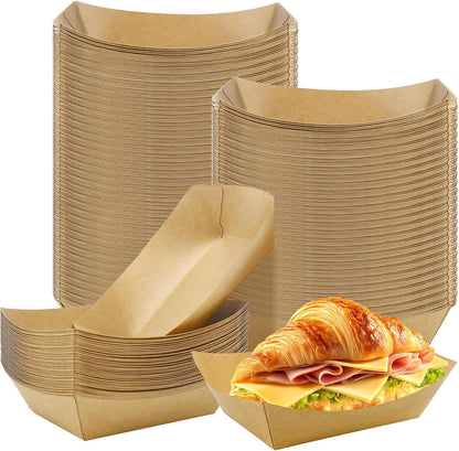 100 Pack 2lb Paper Food Trays, Brown Kraft Paper Food Boats, Heavy Duty Disposable Serving Basket, Disposable Nacho Trays for Party Snacks Nachos Fries Hot Dogs Tacos BBQ Popcorn