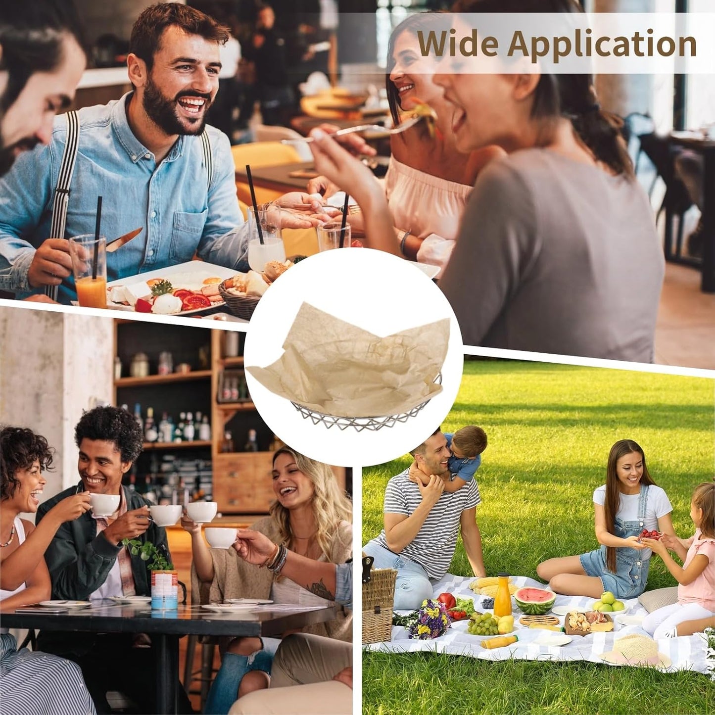 24 PCS Food Serving Wire Baskets, 9.8 x 9.8 x 1.8 Inch Wire Bread Baskets with 100 Sheets Deli Wrapper, Metal Snack Basket with Oil-Absorbing Paper for Restaurant Party