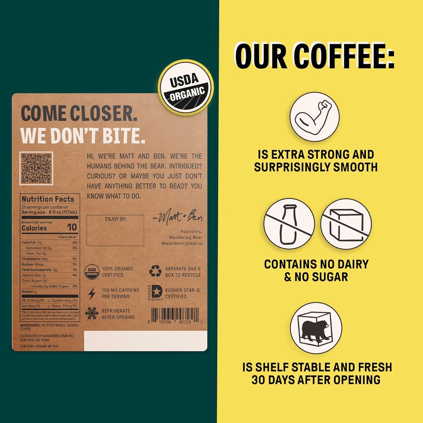 Wandering Bear Straight Black Organic Cold Brew Coffee On Tap, Iced Coffee Drink - Extra Strong, Bold, Smooth, No Sugar Added, Shelf-Stable, Ready to Drink, 100% Organic - 128 fl oz (1 gallon)