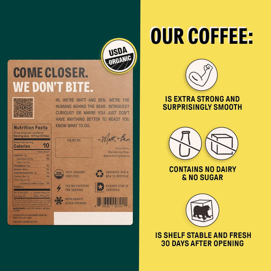 Wandering Bear Straight Black Organic Cold Brew Coffee On Tap, Iced Coffee Drink - Extra Strong, Bold, Smooth, No Sugar Added, Shelf-Stable, Ready to Drink, 100% Organic - 128 fl oz (1 gallon)