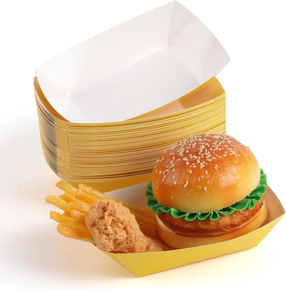 50 Pcs 2lb Paper Food Boat Trays Disposable，Snack Tray，Food Trays for Snack French Hot Dog Taco Popcorn Picnic party Wedding，Concession Stand Supplies (Yellow)