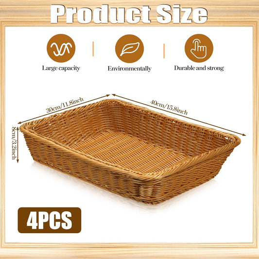 SHENLIU 4 Pack Wicker Bread Baskets 15.8 Inch Woven Serving Basket for Gifts, Fruit Baskets Food Serving Holders Rectangle Rattan Display Trays for Bread Food Vegetables Fruit Snacks Restaurant Home