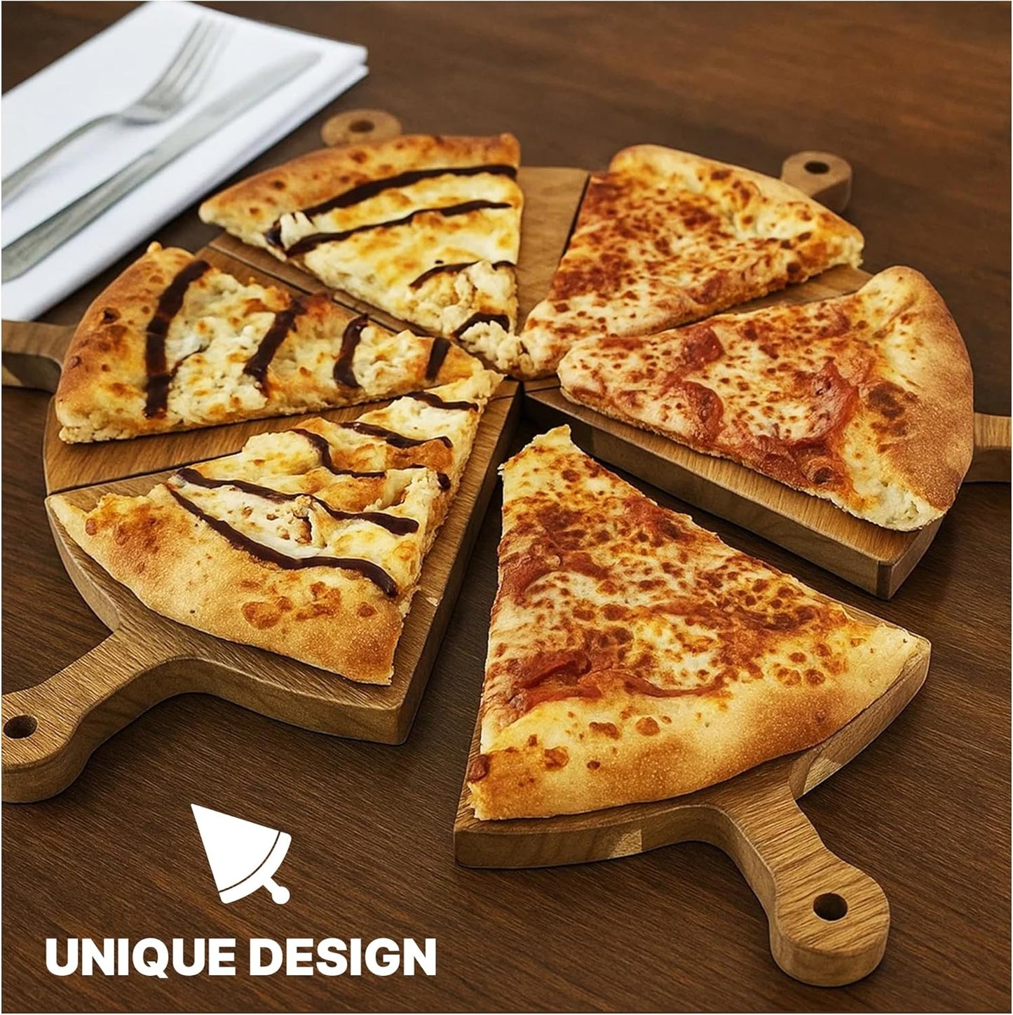 Premium Wooden Pizza Serving Board Set – 6 Slice Detachable Pizza Tray with Stainless Steel Rocker Knife, Pizza Slicer, Pizza Rocker for Parties & Gifts