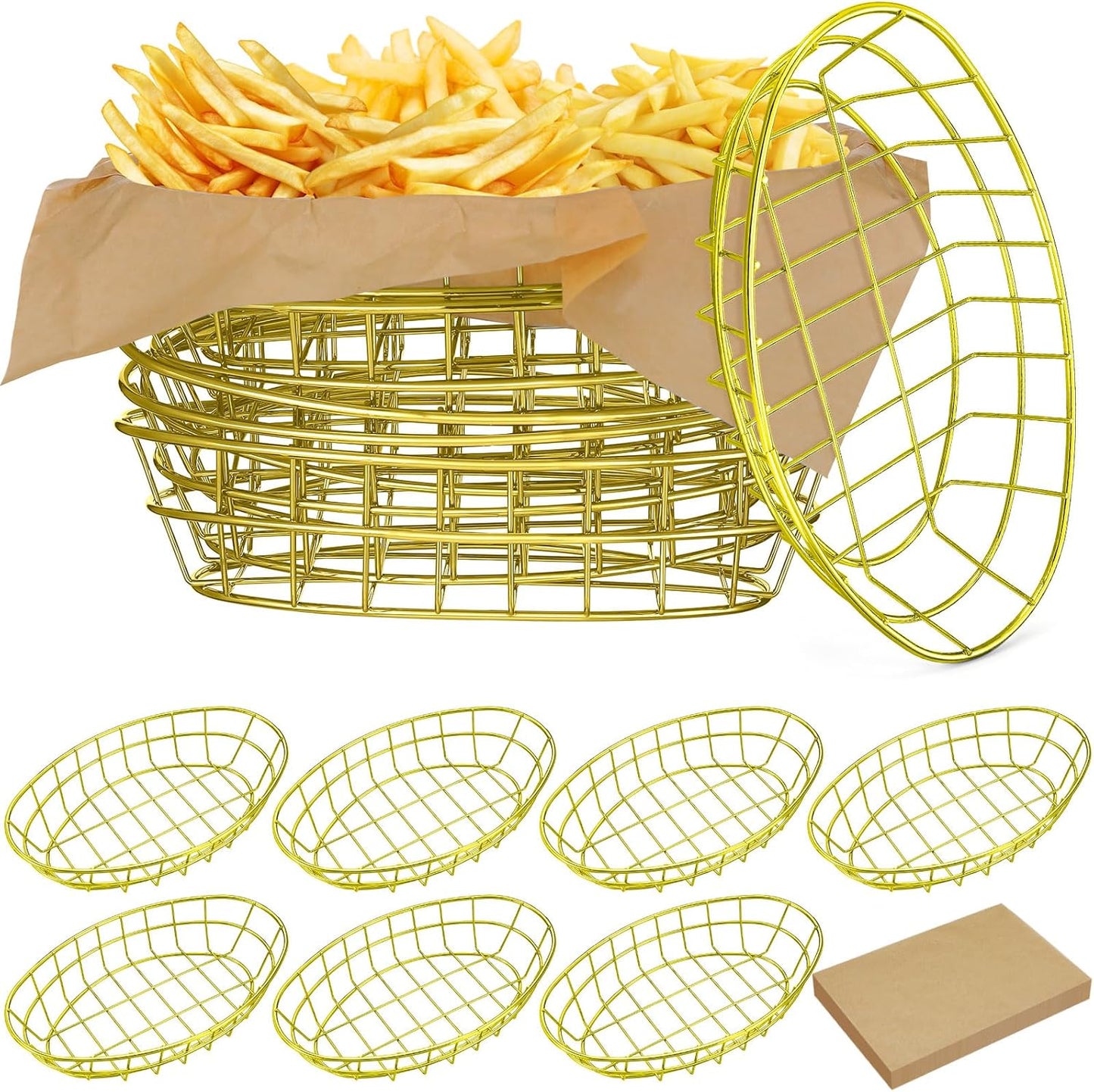 Hushee 12 Pcs Wire Bread Basket Bulk 9.5x6.2x2.2 Inch Oval Metal Dinner Roll Baskets for table Serving Fruit Bowl with 50 Deli Wrapper Paper for Restaurant Kitchen Fast Food