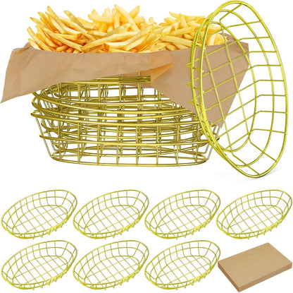 Hushee 12 Pcs Wire Bread Basket Bulk 9.5x6.2x2.2 Inch Oval Metal Dinner Roll Baskets for table Serving Fruit Bowl with 50 Deli Wrapper Paper for Restaurant Kitchen Fast Food