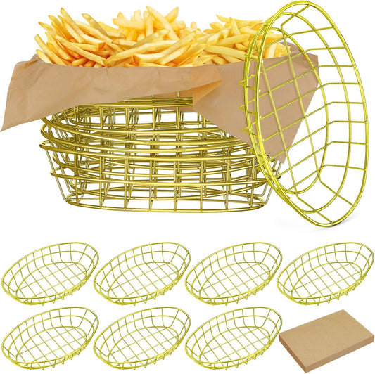 Hushee 12 Pcs Wire Bread Basket Bulk 9.5x6.2x2.2 Inch Oval Metal Dinner Roll Baskets for table Serving Fruit Bowl with 50 Deli Wrapper Paper for Restaurant Kitchen Fast Food