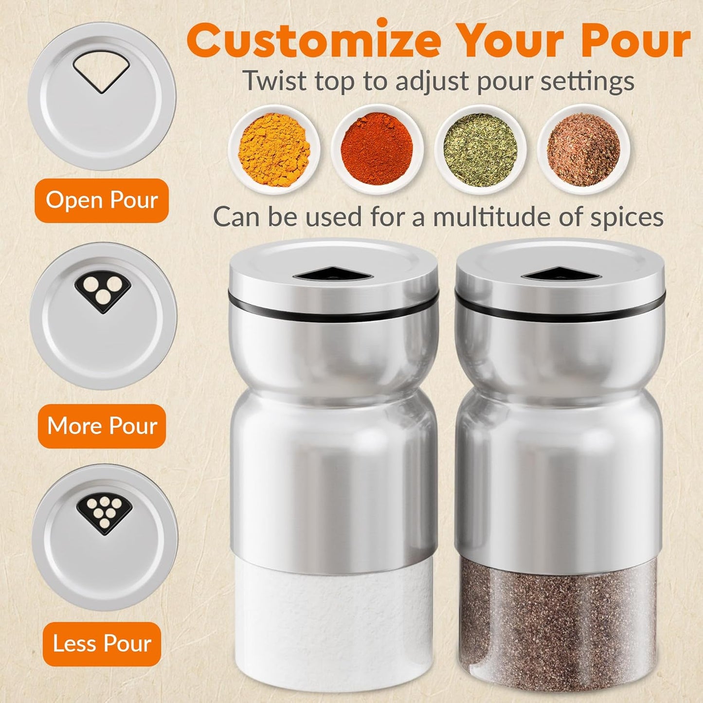 HOME EC Original Salt and Pepper Shakers Set with Adjustable Pour Holes - Glass and Stainless Steel Salt Shaker and Pepper Shaker - Farmhouse Spice dispenser for salts, ground peppercorn and spices