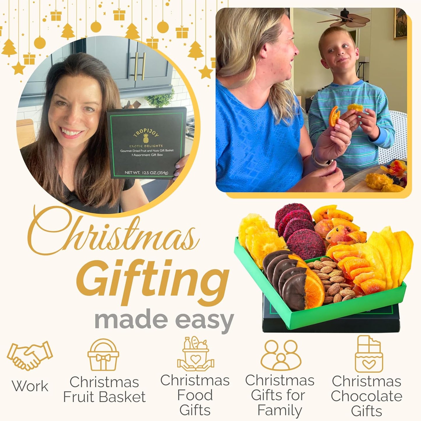 Christmas Gift Baskets - 7 Tropical Flavors Chocolate Orange Christmas Fruit Basket Gift |12.5oz Soft Dried Fruit gift Baskets for Delivery | Holiday Gift Baskets for Christmas Food Gifts for Adults