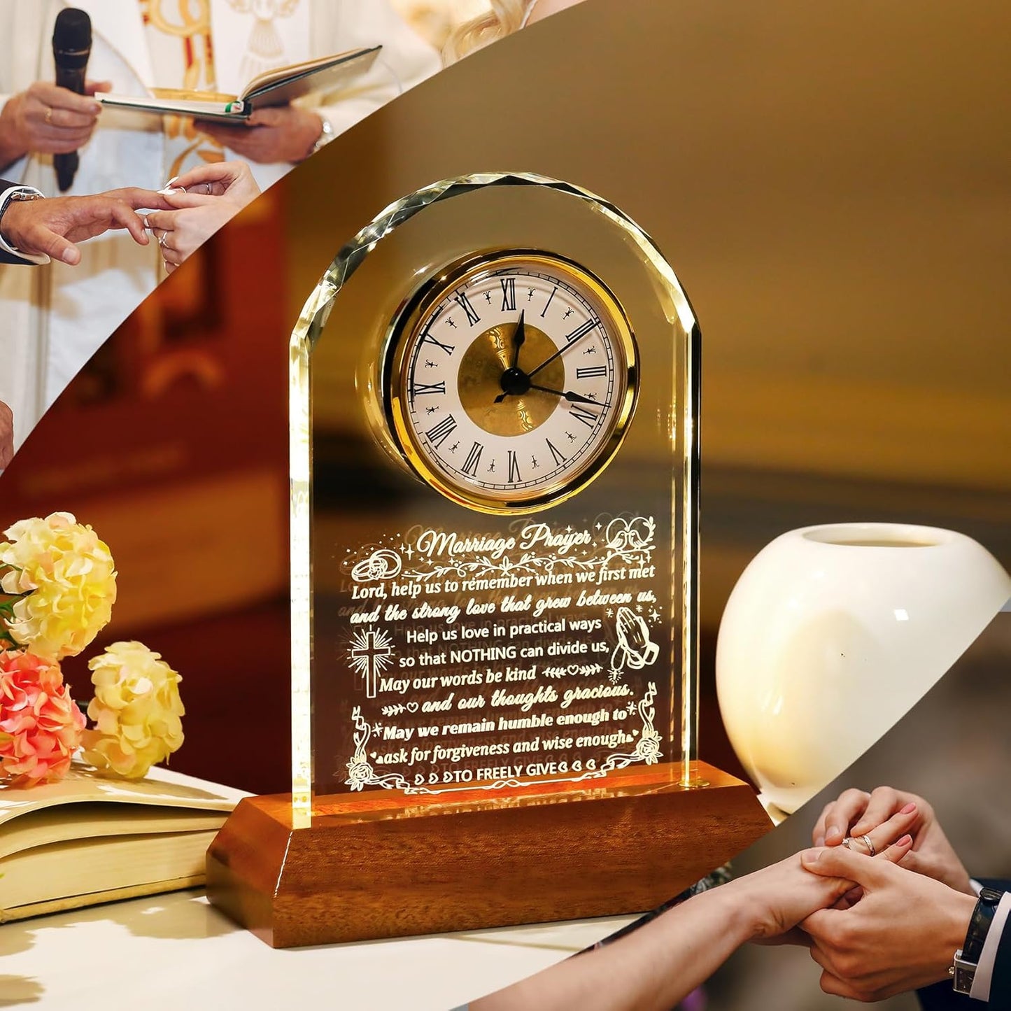 Ornalrist Wedding Gifts for Couples 2025 - Glass Clock with Wooden Light Base Happy Anniversary Marriage Prayer Wedding Gifts for Bride and Groom Engagement Newlywed Mr Mrs Gifts