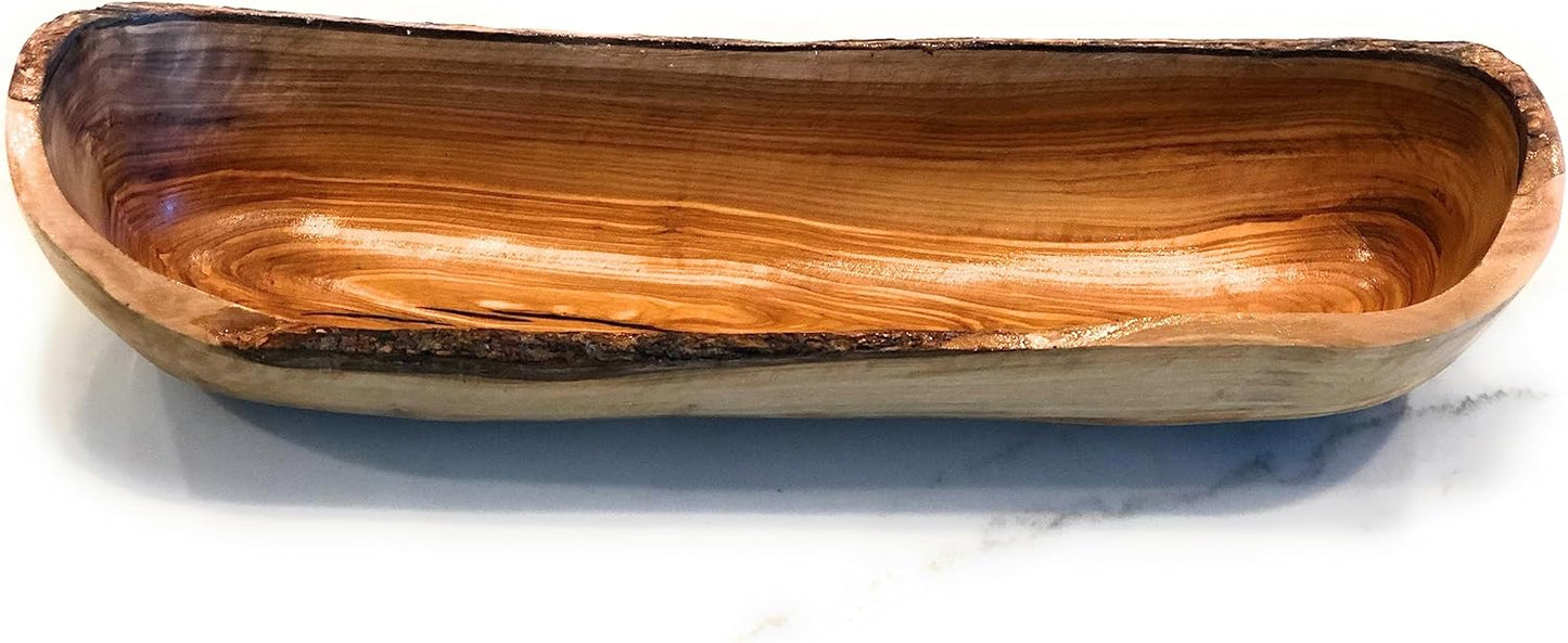 16-17" Rustic Olive Wood Bread Basket Dough Bowl- Live Bark Edge. Handmade Oval Decorative Bowl for French Bread. In 14, 16, 18". (16-17 x 3-4 x 2-3 in)