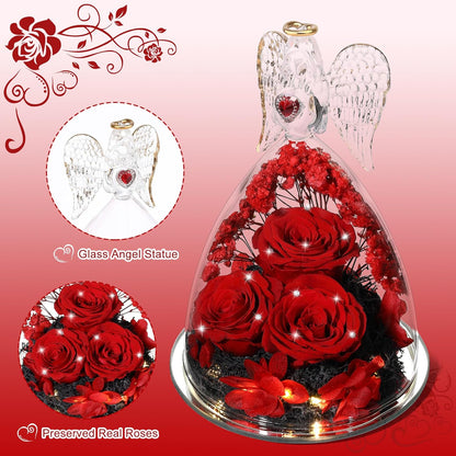 Mothers Day Rose Gifts for Women, Large Angel Figurines with Real Roses, Preserved Real Flower Rose for Her, Crystal Red